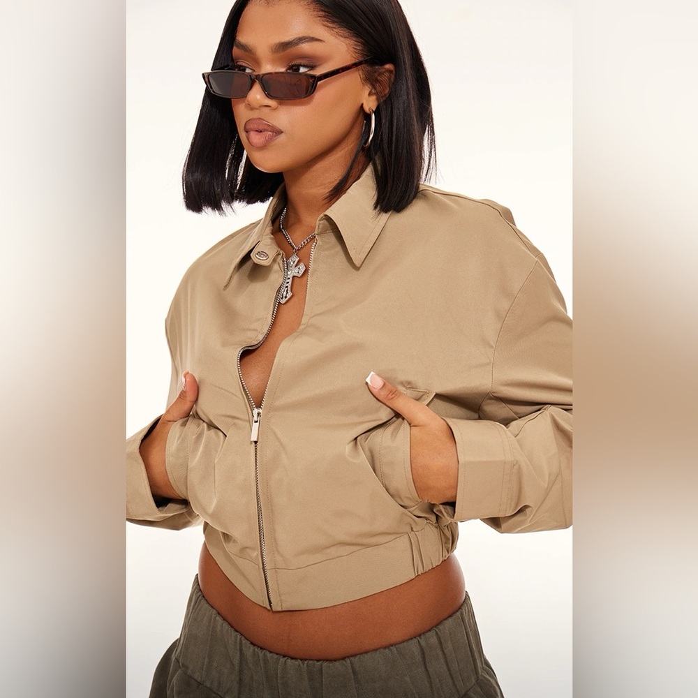 PrettyLittleThing Tan Bomber Jacket Cropped Oversized